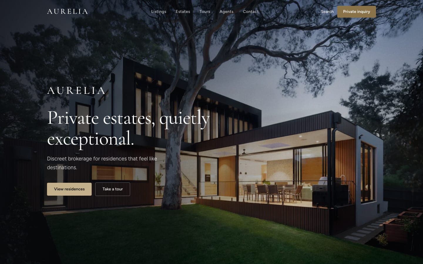 Aurelia luxury real estate platform homepage with the private estates headline