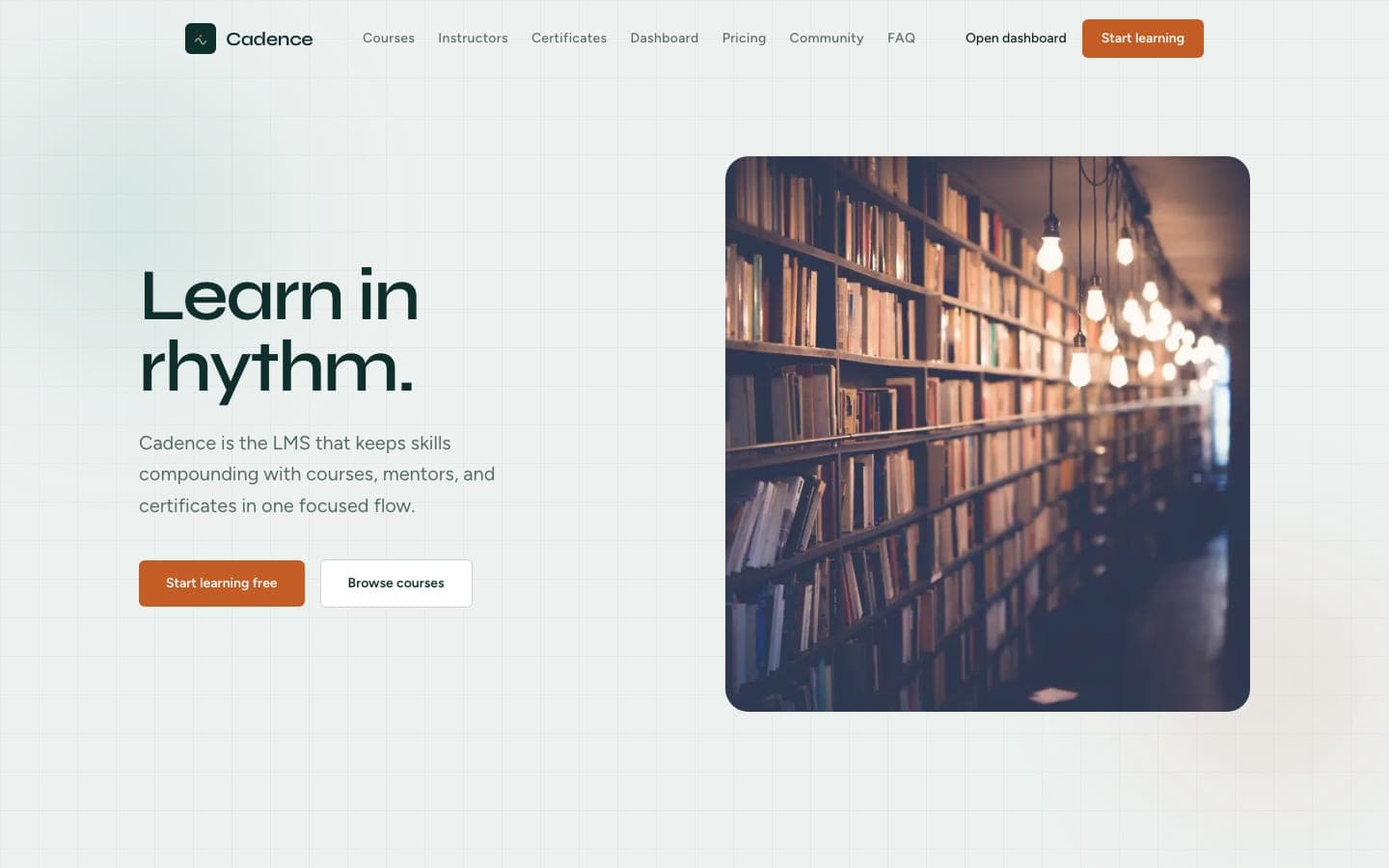 Cadence learning platform homepage with the learn in rhythm headline