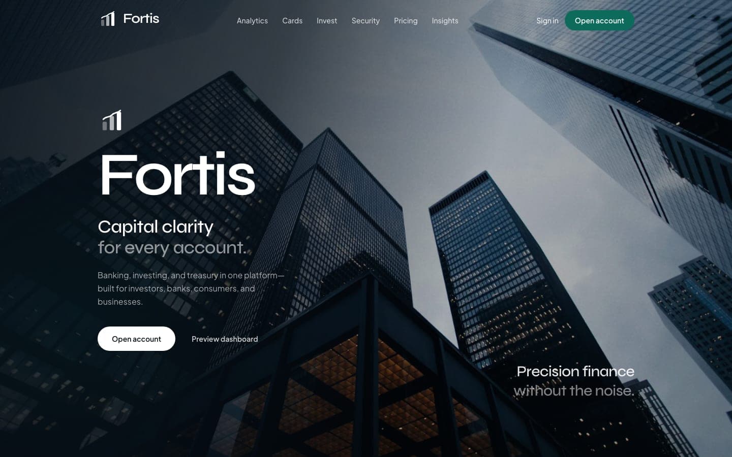 Fortis fintech platform homepage, showing the capital clarity headline over a city skyline