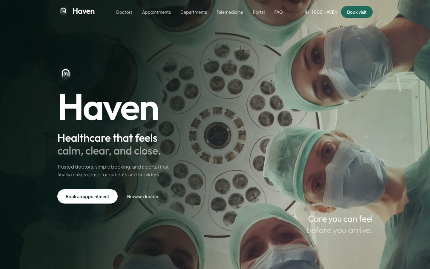 HavenHealth healthcare platform homepage with the calm, clear and close headline