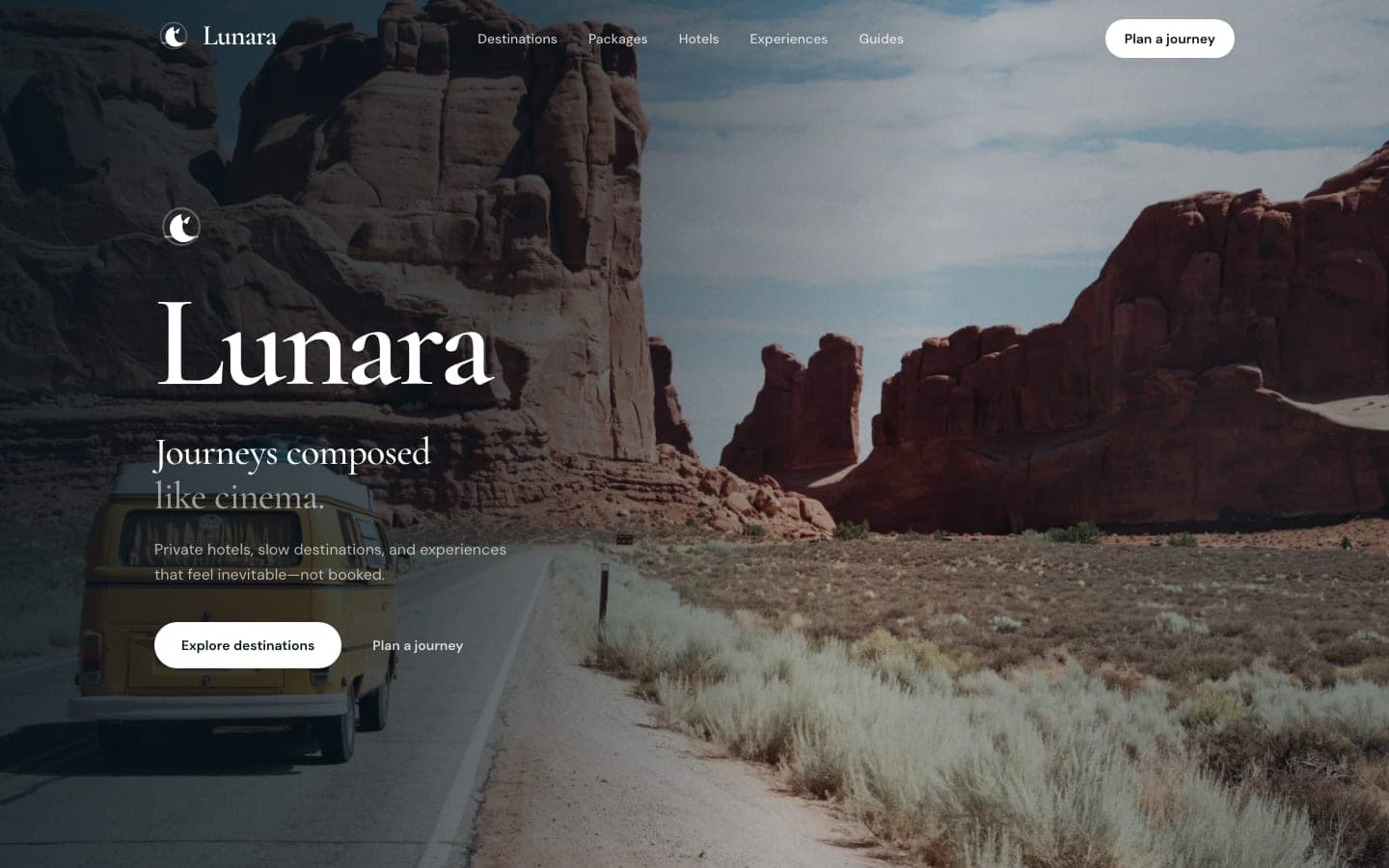 Lunara travel platform homepage with the journeys composed like cinema headline