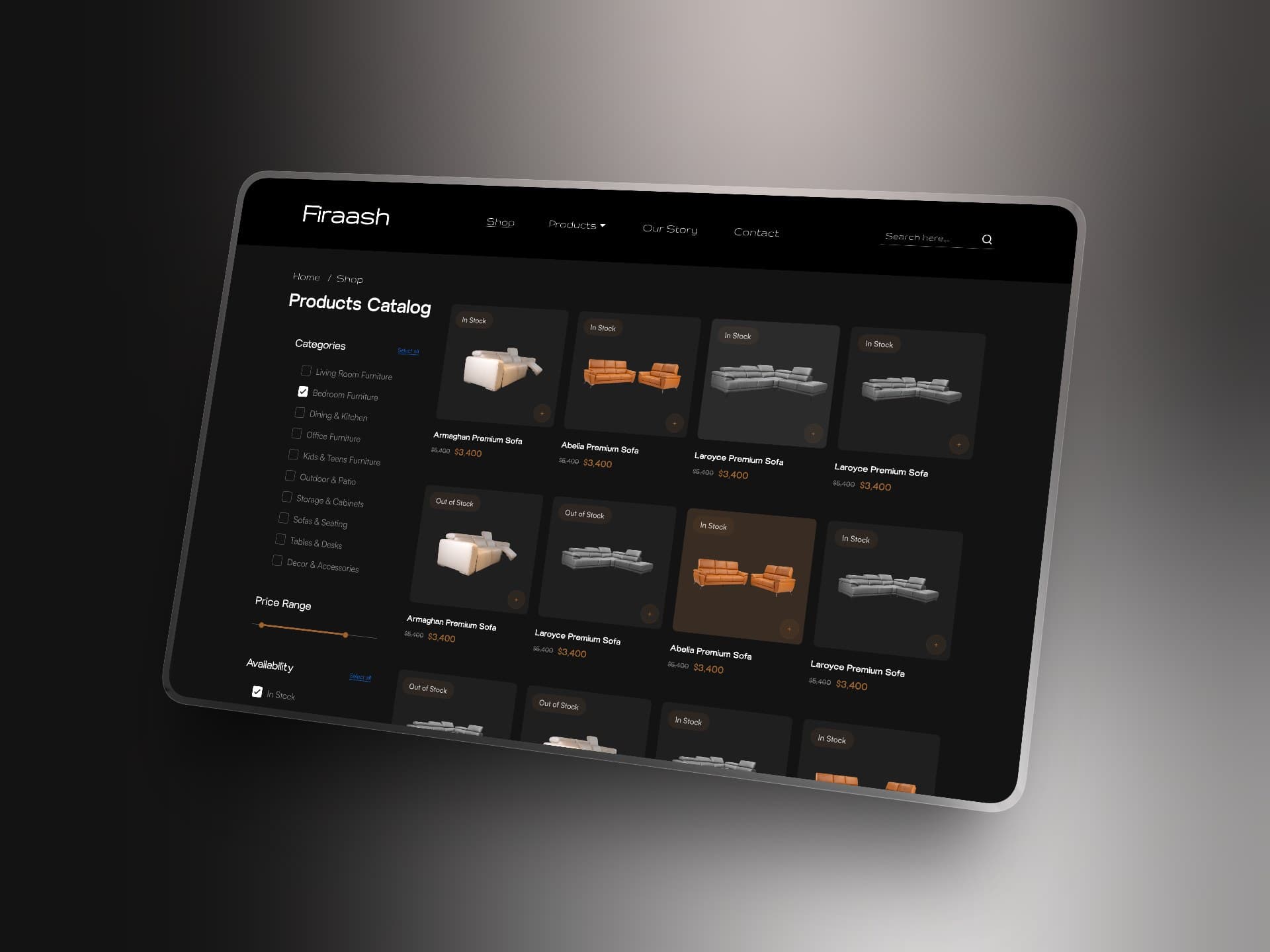 Firaash furniture store products catalogue with category, price and availability filters beside a grid of sofas
