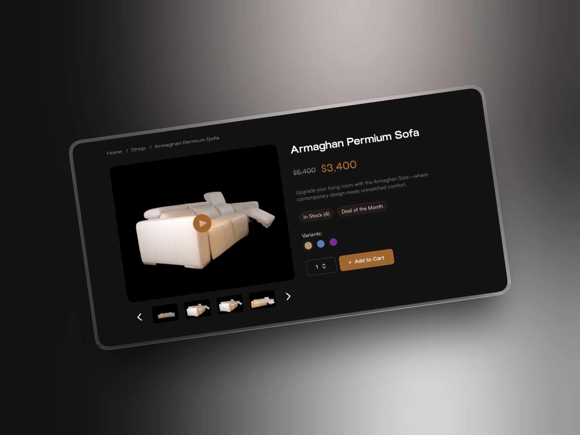 Firaash product page for a premium sofa, showing colour variants, stock count and add to cart