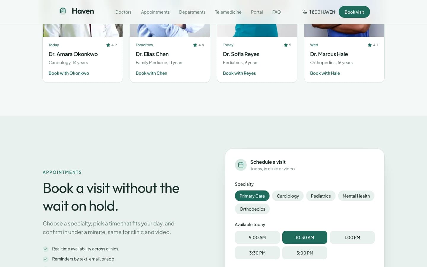 HavenHealth doctor directory showing specialties, availability and patient ratings