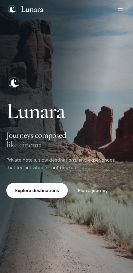 Lunara travel platform on a mobile viewport