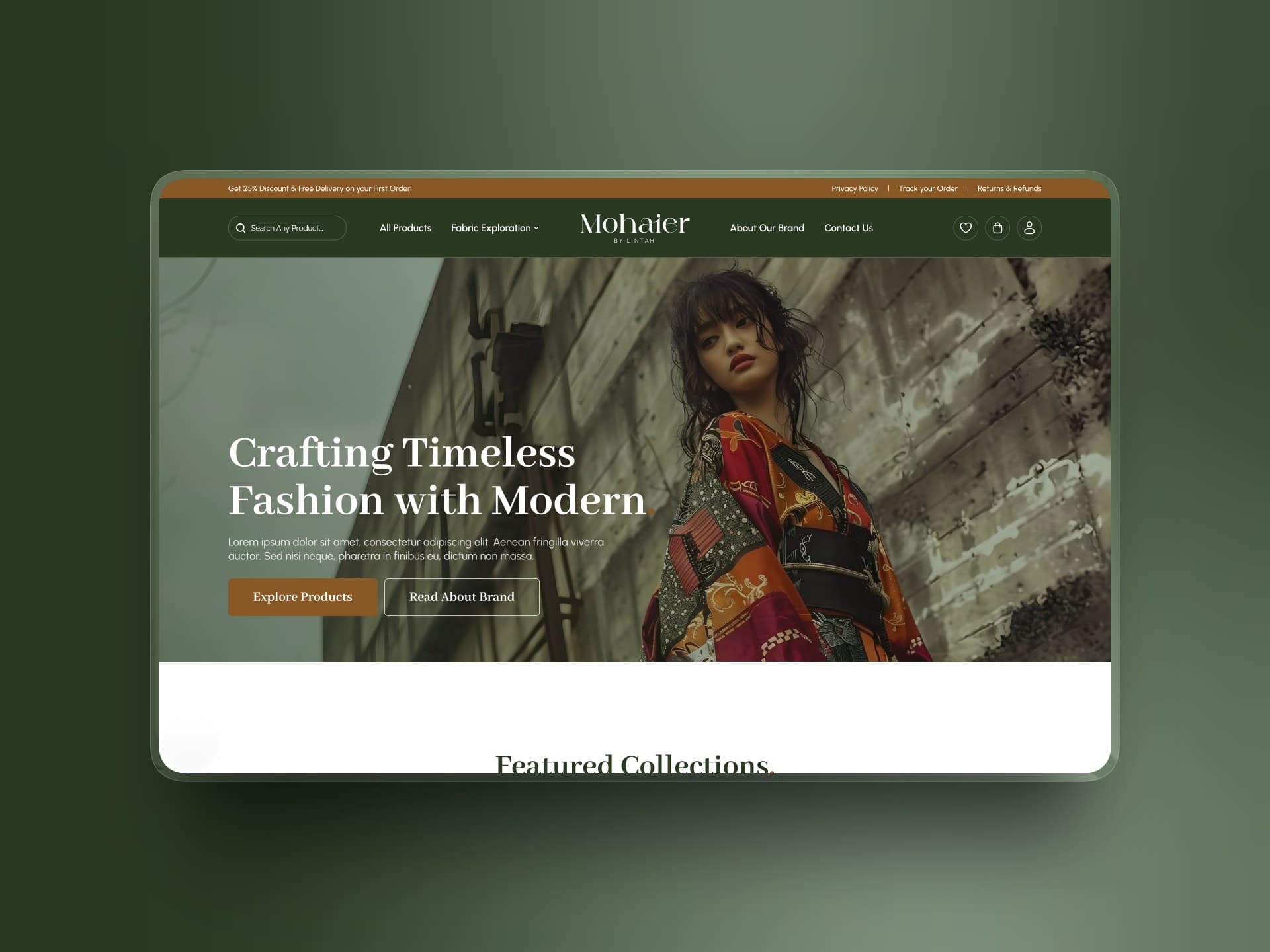 Mohaier clothing store homepage with the crafting timeless fashion headline over full-bleed photography