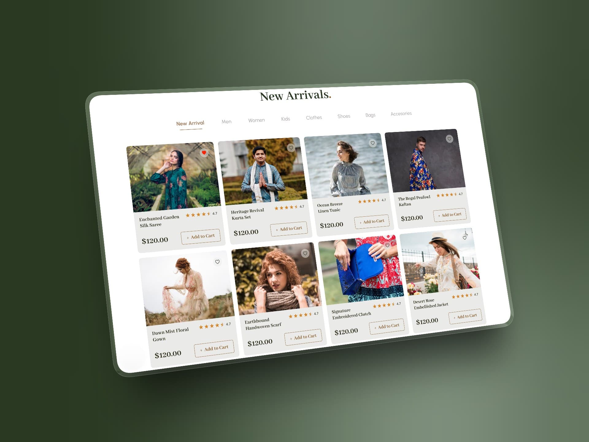 Mohaier new arrivals grid tabbed by department, each product card showing rating, price and add to cart