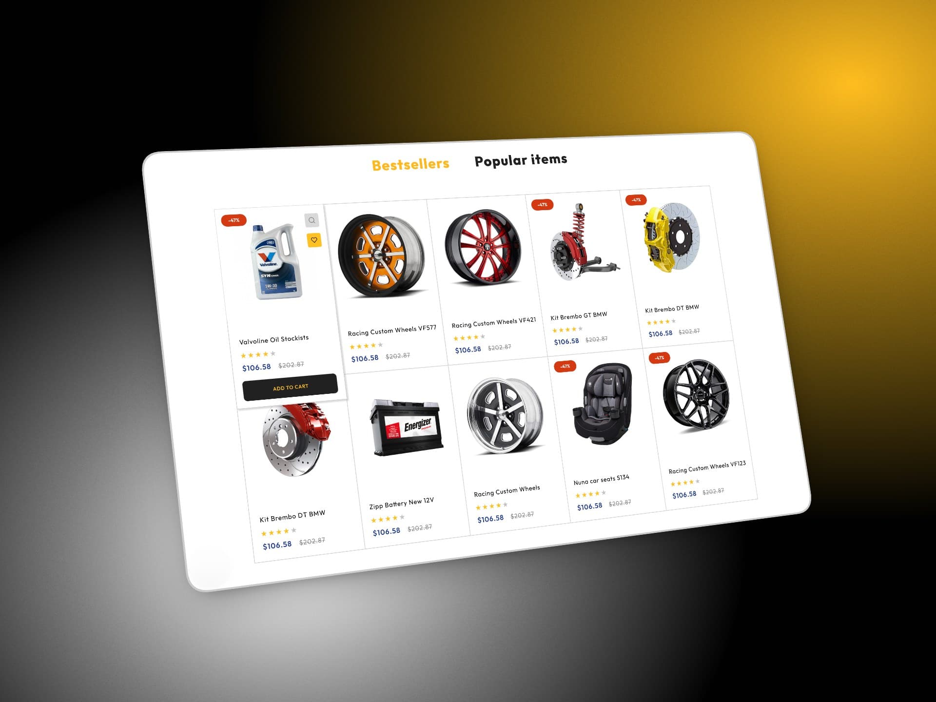 OffroadSouq bestsellers grid of wheels, brake kits and batteries with discount badges and ratings