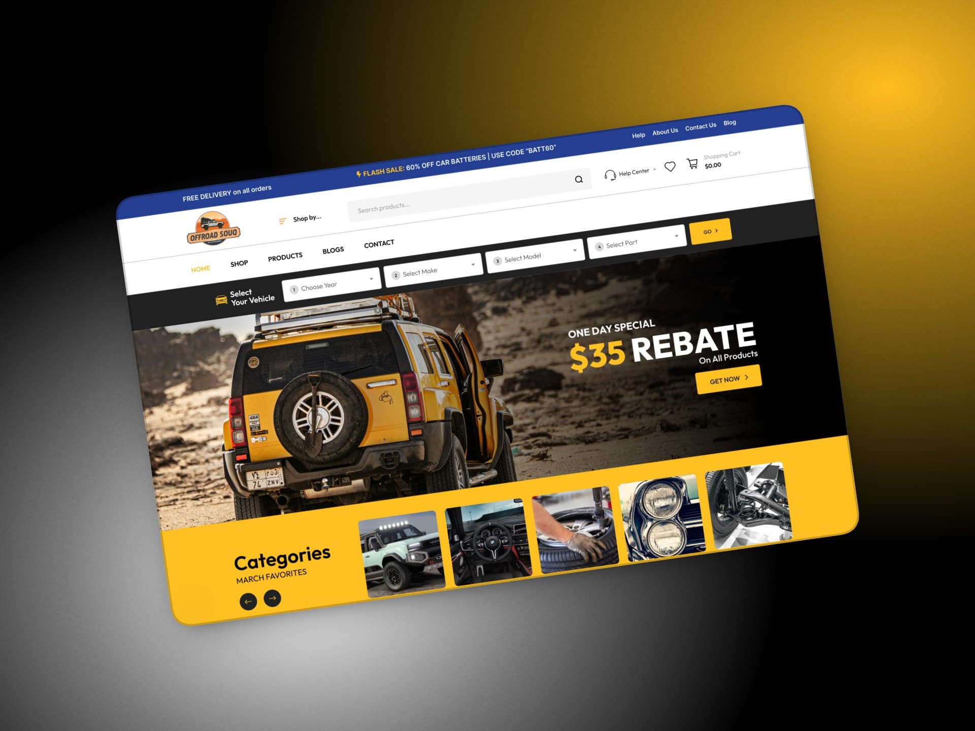 OffroadSouq homepage with the year, make, model and part vehicle selector above a rebate offer and category carousel