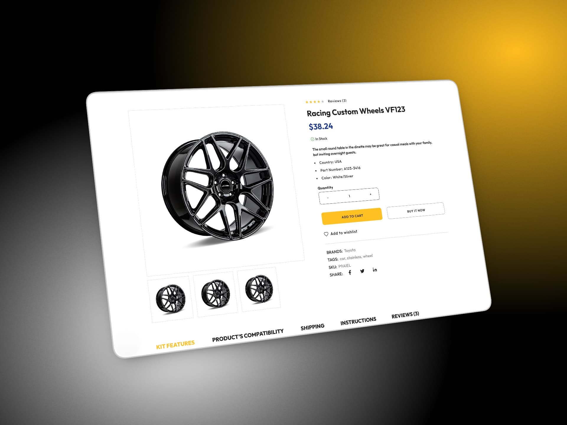 OffroadSouq product page for a set of custom wheels, showing part specification, quantity and compatibility tabs