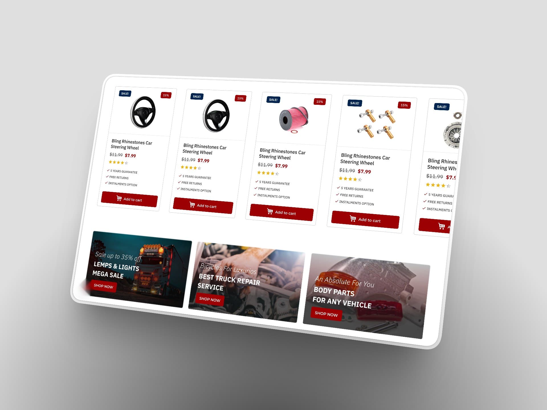 Promax USA product carousel with sale badges, guarantee and instalment terms, above campaign banners