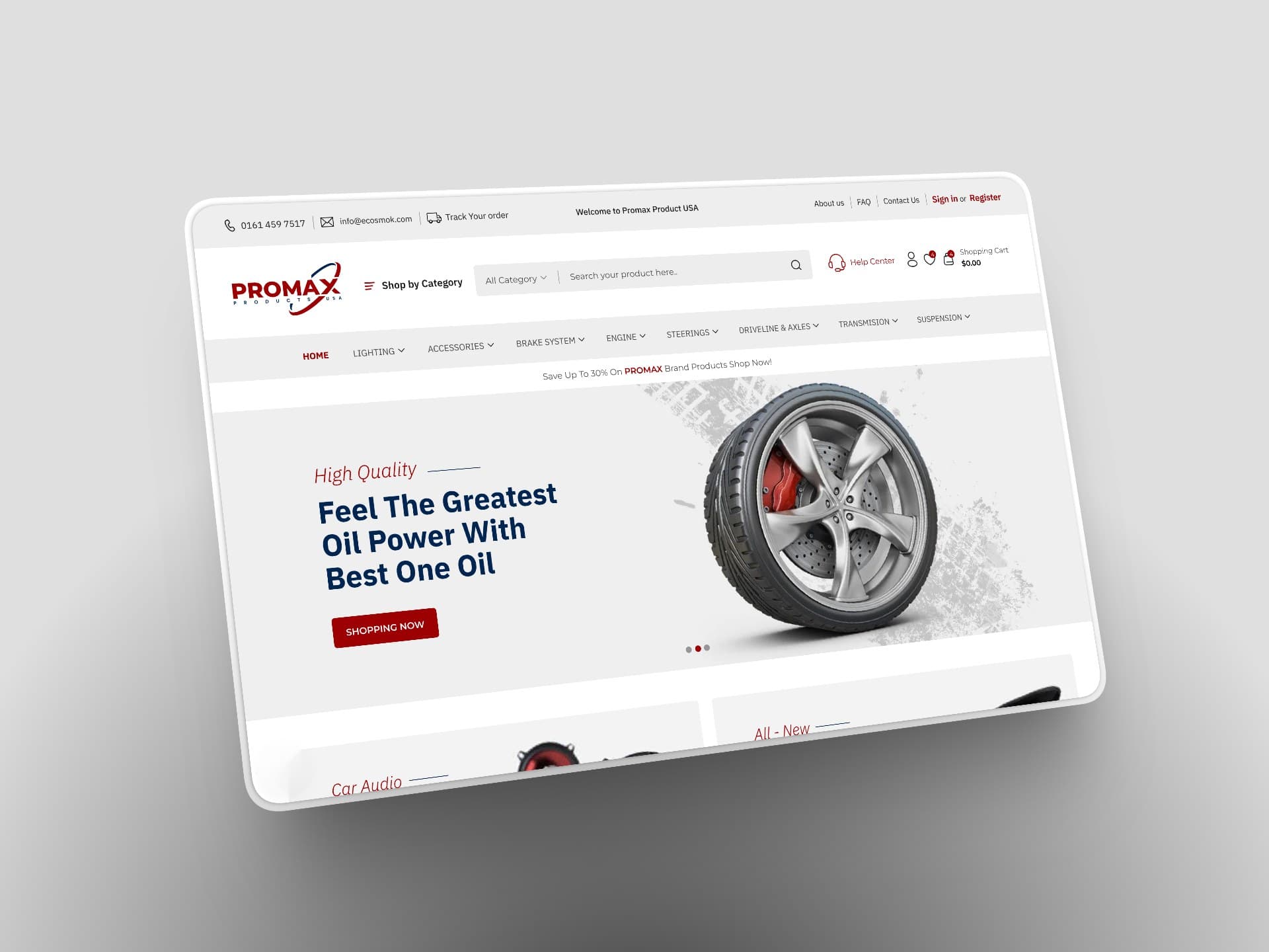 Promax USA homepage with the vehicle system mega-menu above a promotional hero slider